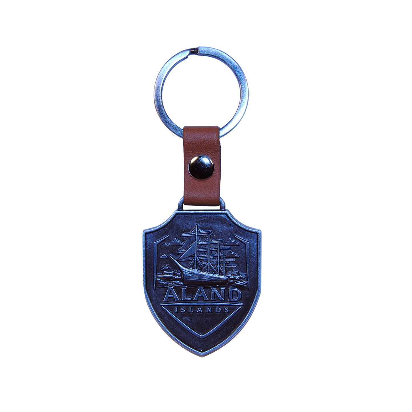 Metallnyckelring med sköldformat motiv av fyrmastade fartyget Pommern i 2D – souvenir från Åland.