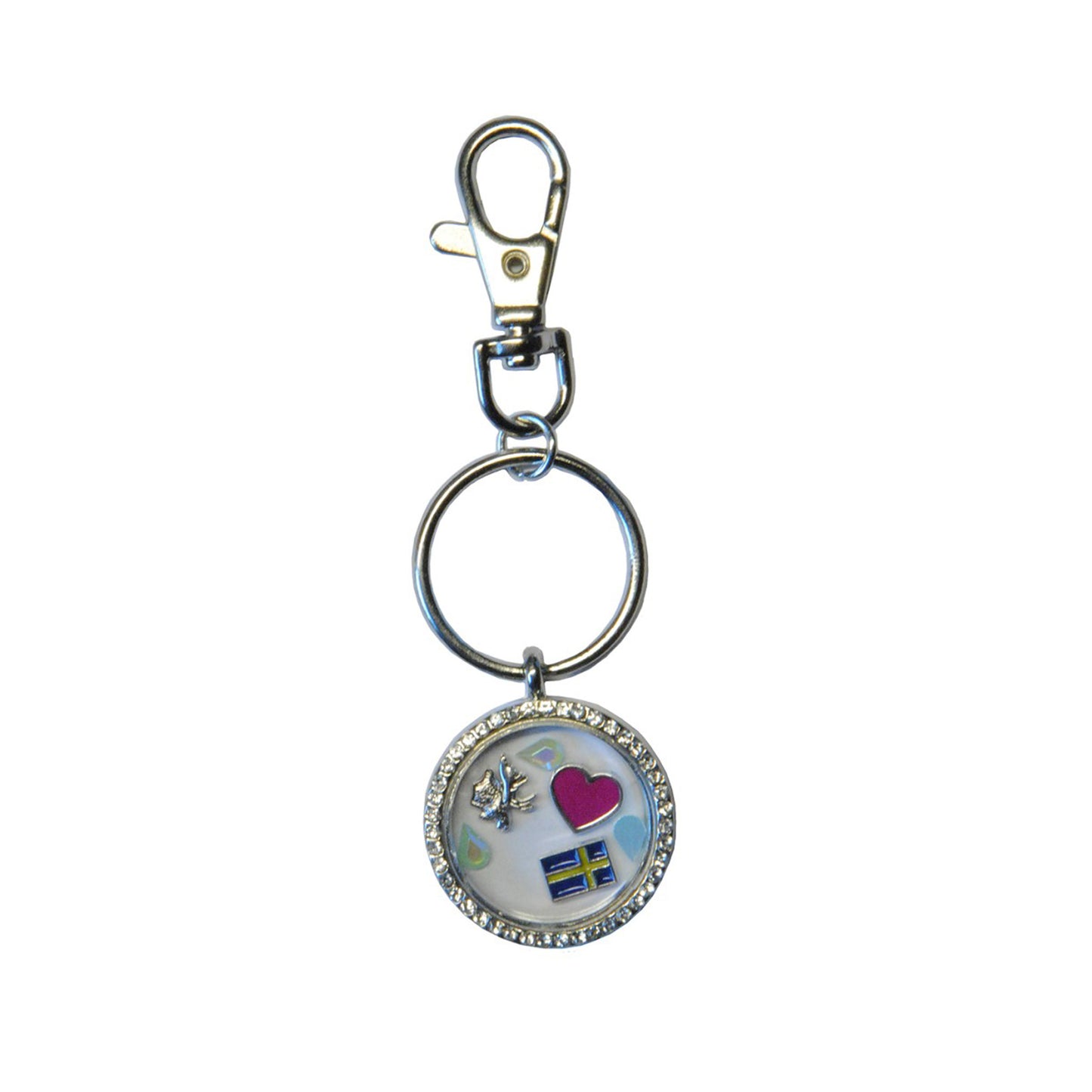 Rund nyckelring med ram dekorerad med iskristaller och glitterstenar, med motiv av älghuvud, rosa hjärta och svensk flagga – unik souvenir med texten "Sweden".