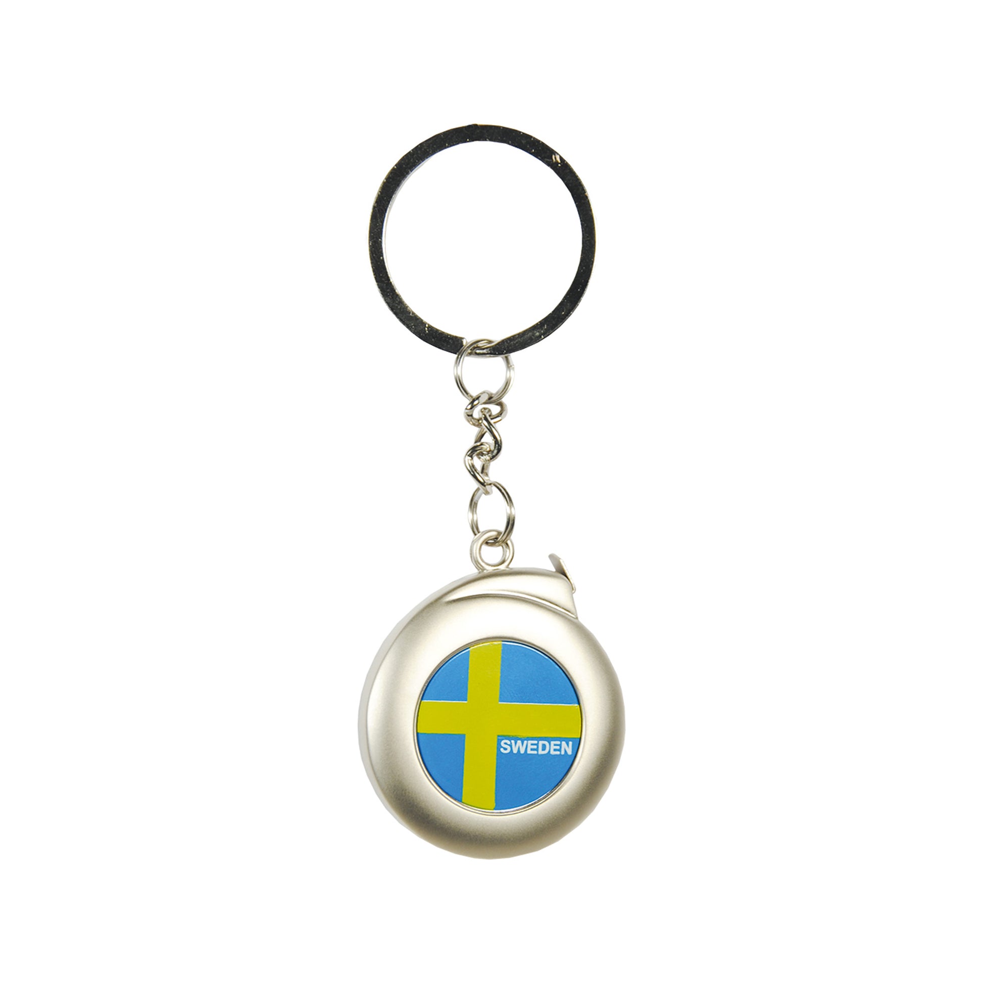 Metallnyckelring med ett runt måttband, 4 cm i diameter. Måttbandet är tillverkat i metall och kan mäta upp till 1 meter. 