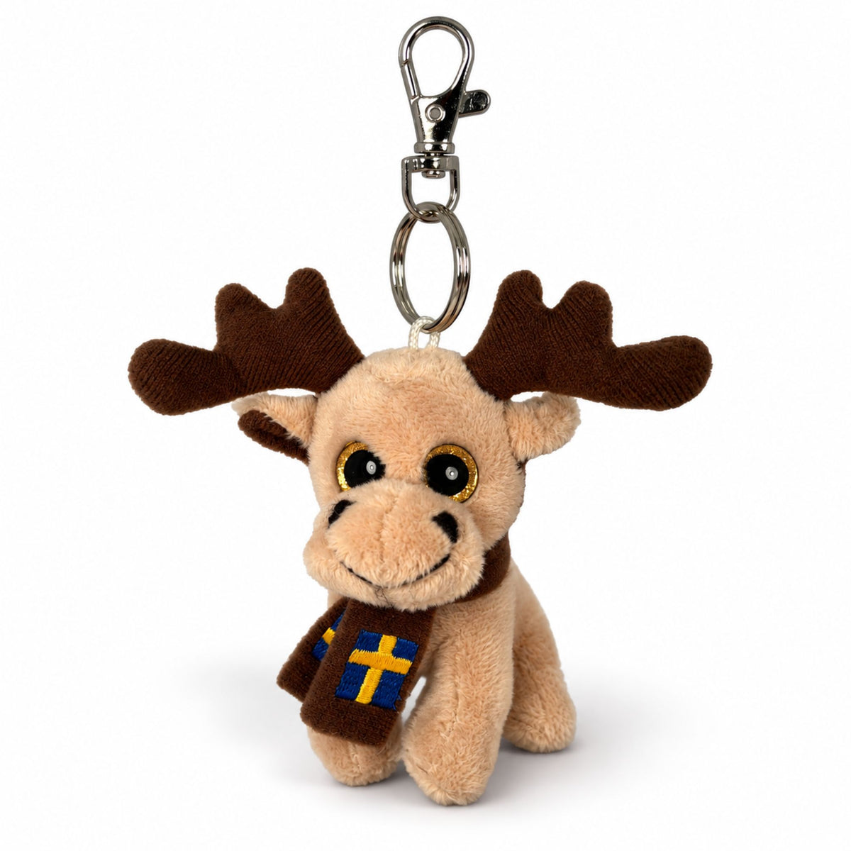 Nyckelring med beige gosedjursälg iklädd brun halsduk med svenska flaggan.