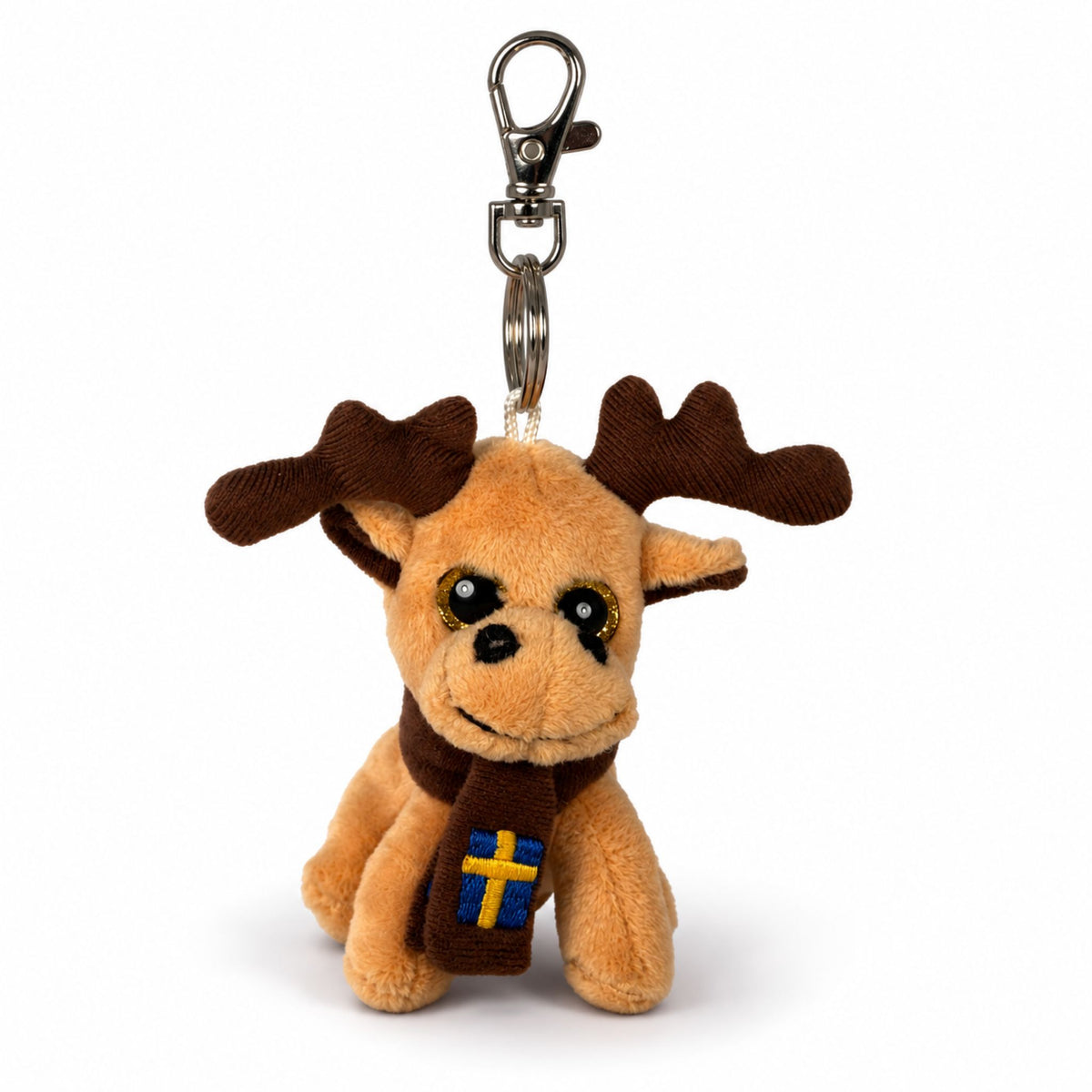Nyckelring med brun gosedjursälg iklädd brun halsduk med svenska flaggan.