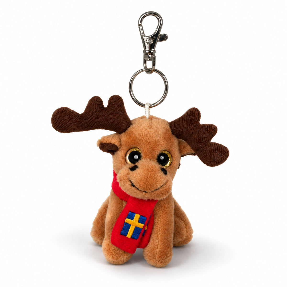Nyckelring med brun gosedjursälg iklädd röd halsduk med svenska flaggan.