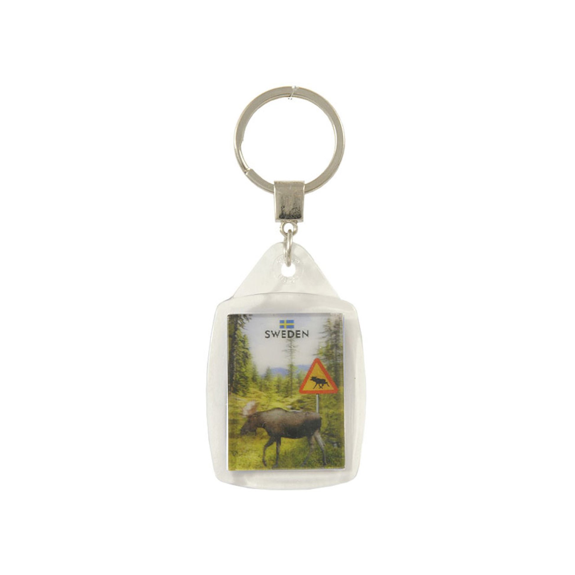 Nyckelring med älg i full 3D, naturmotiv och skylt med älg – detaljrik och prisvärd souvenir med texten "Sweden".