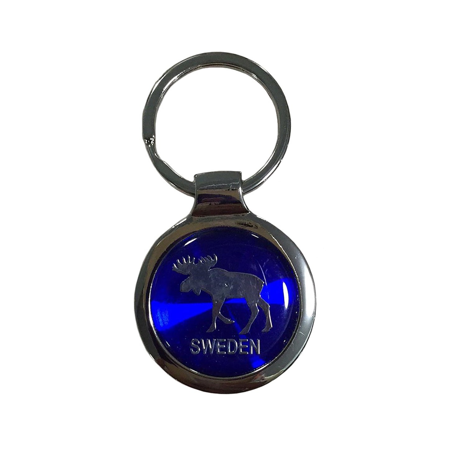 Metallnyckelring med älgmotiv och texten "Sweden" i silver, med epoxy-motiv i blått.

