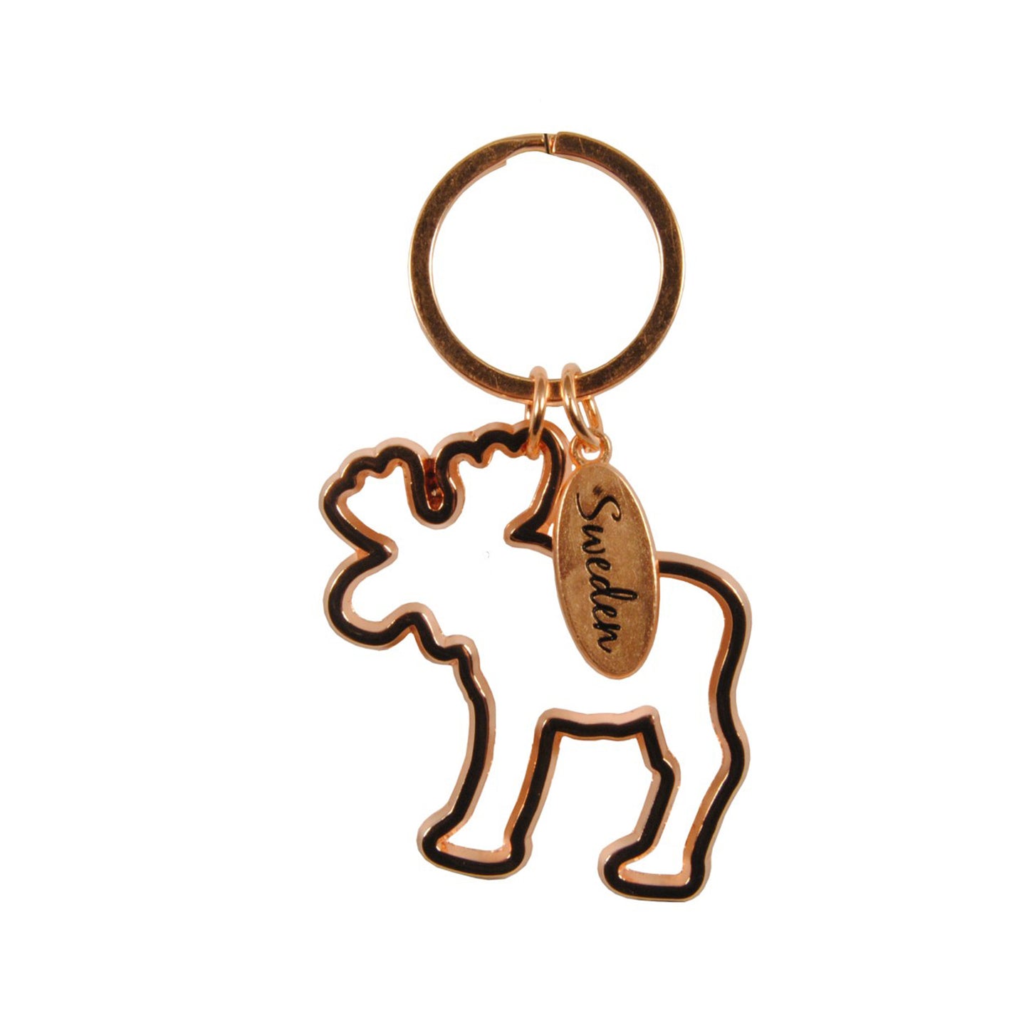 Nyckelring i roséguld med älgfigur och metallbricka med texten "Sweden" – populär souvenir från Sverige.