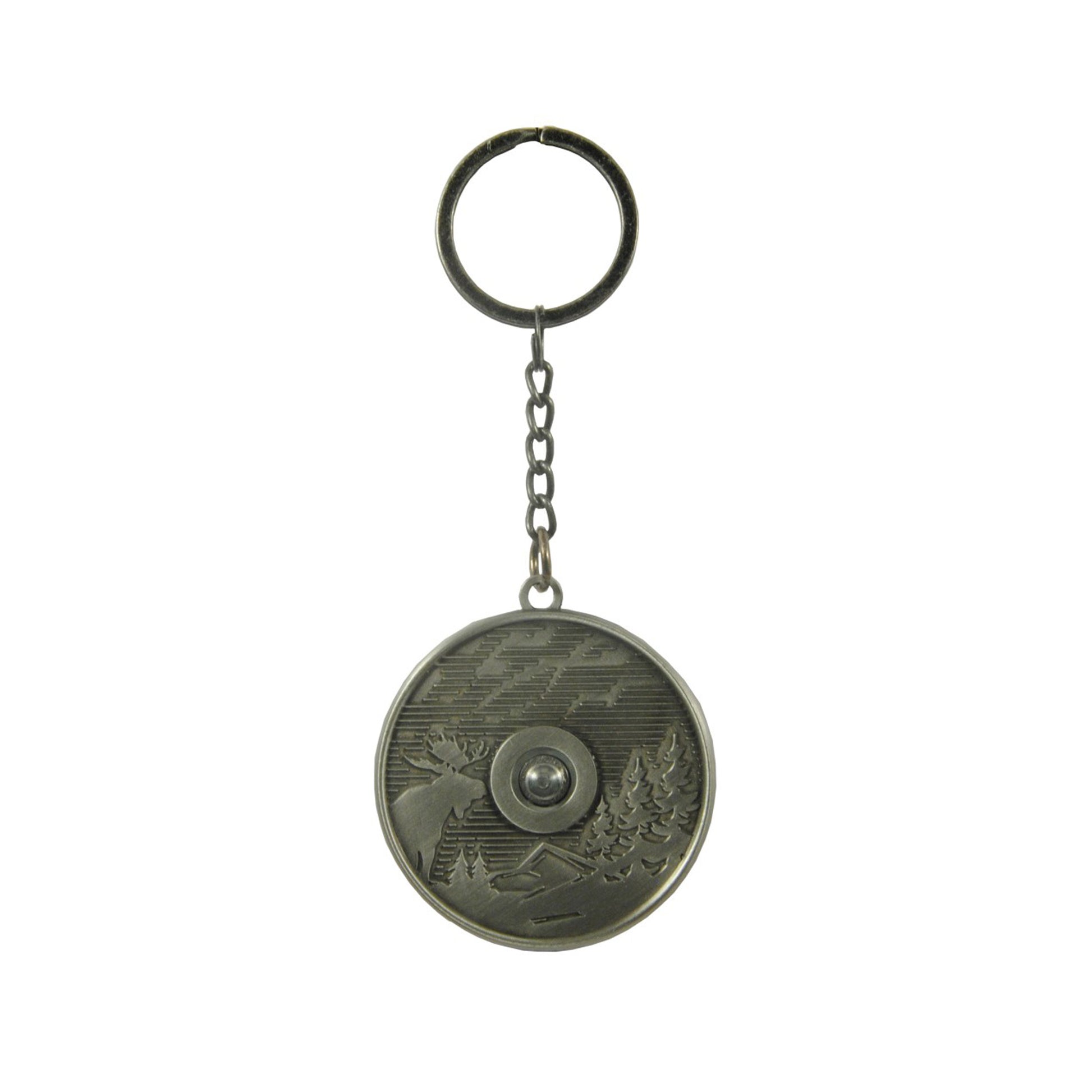 Nyckelring med älgmotiv och texten "Sweden" – visar baksidan av den snurrbara souveniren med fina detaljer.