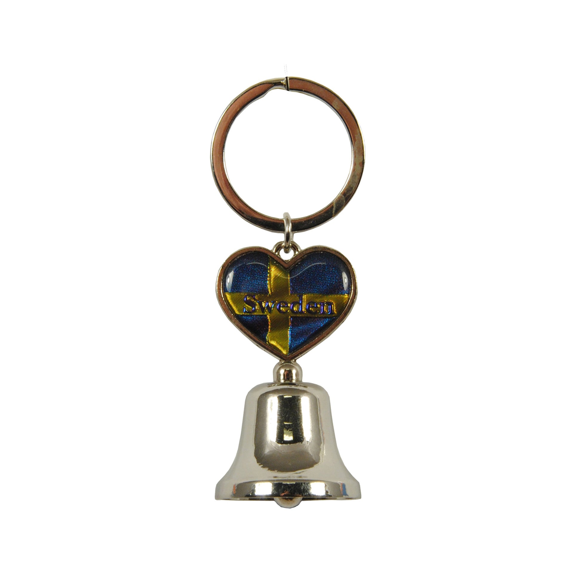 Metallnyckelring med miniklocka, svensk flagga och epoxy-motiv – praktisk och rolig souvenir att plinga med.