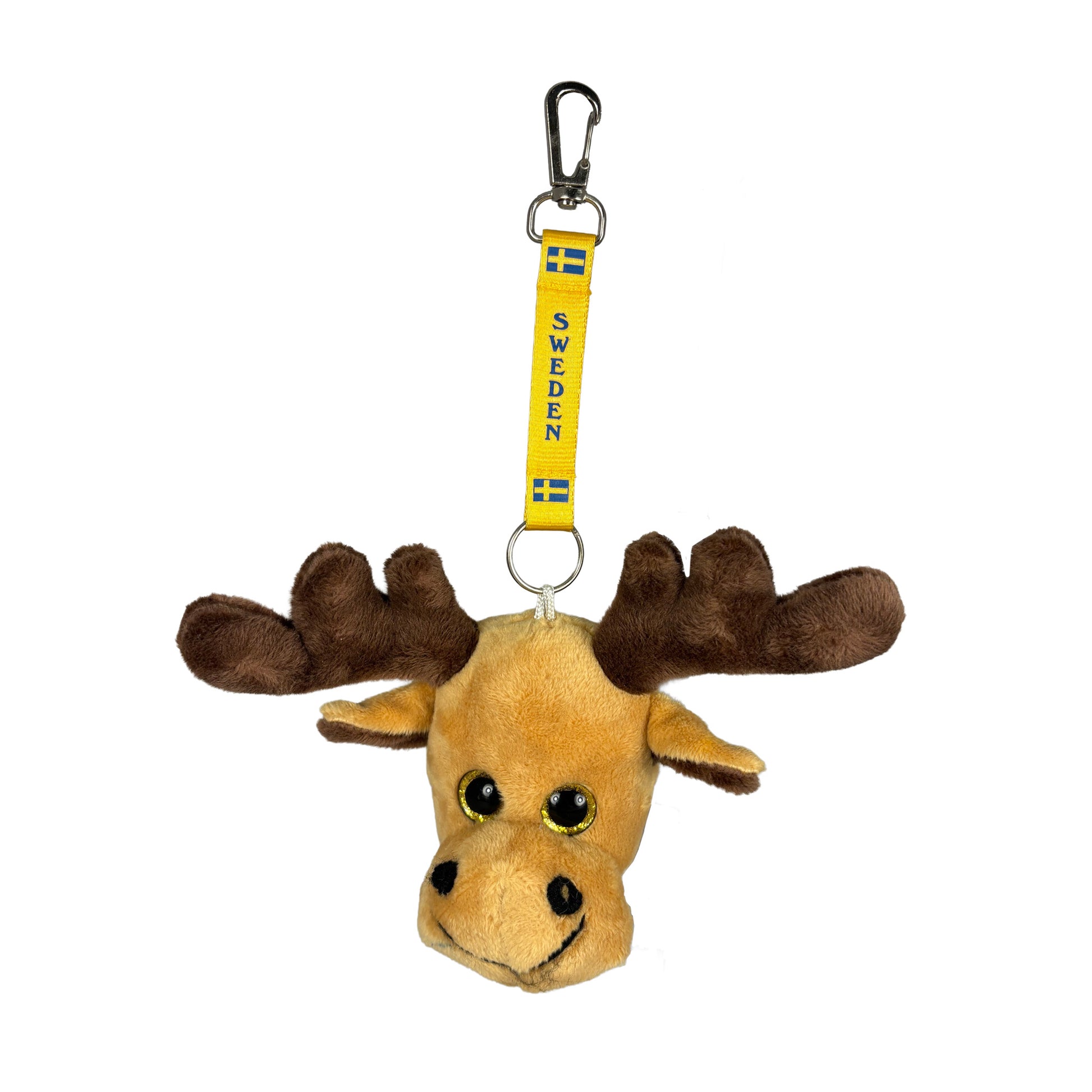 Nyckelring med ljusbrunt älghuvud i gosedjursstil och Sverige keyband.
