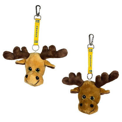 Nyckelringar med mjukt älghuvud och Sverige keyband, två färger (brun och ljusbrun).