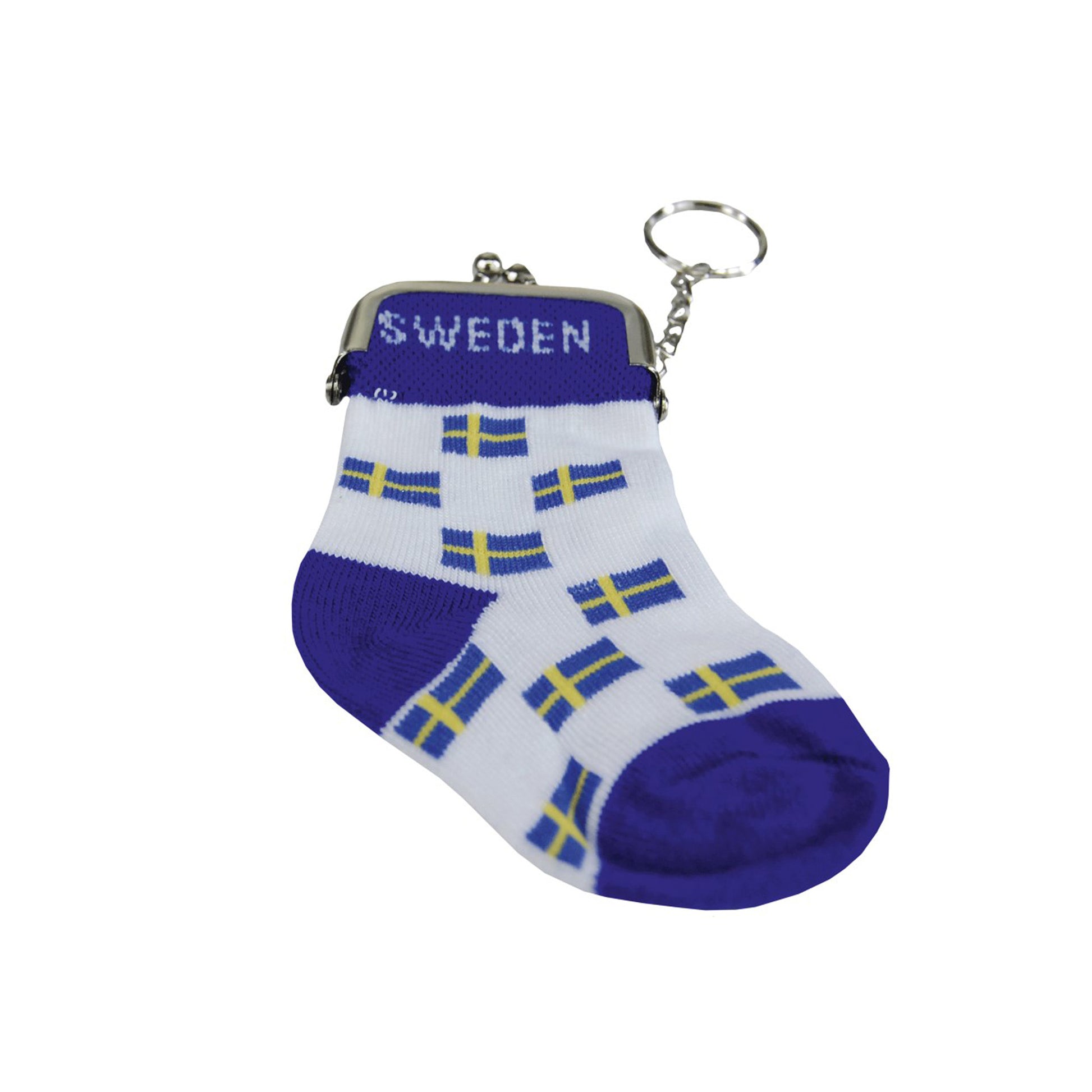Nyckelringsbörs i tyg formad som en strumpa med mönster av svenska flaggor, storlek 13 x 8 cm.