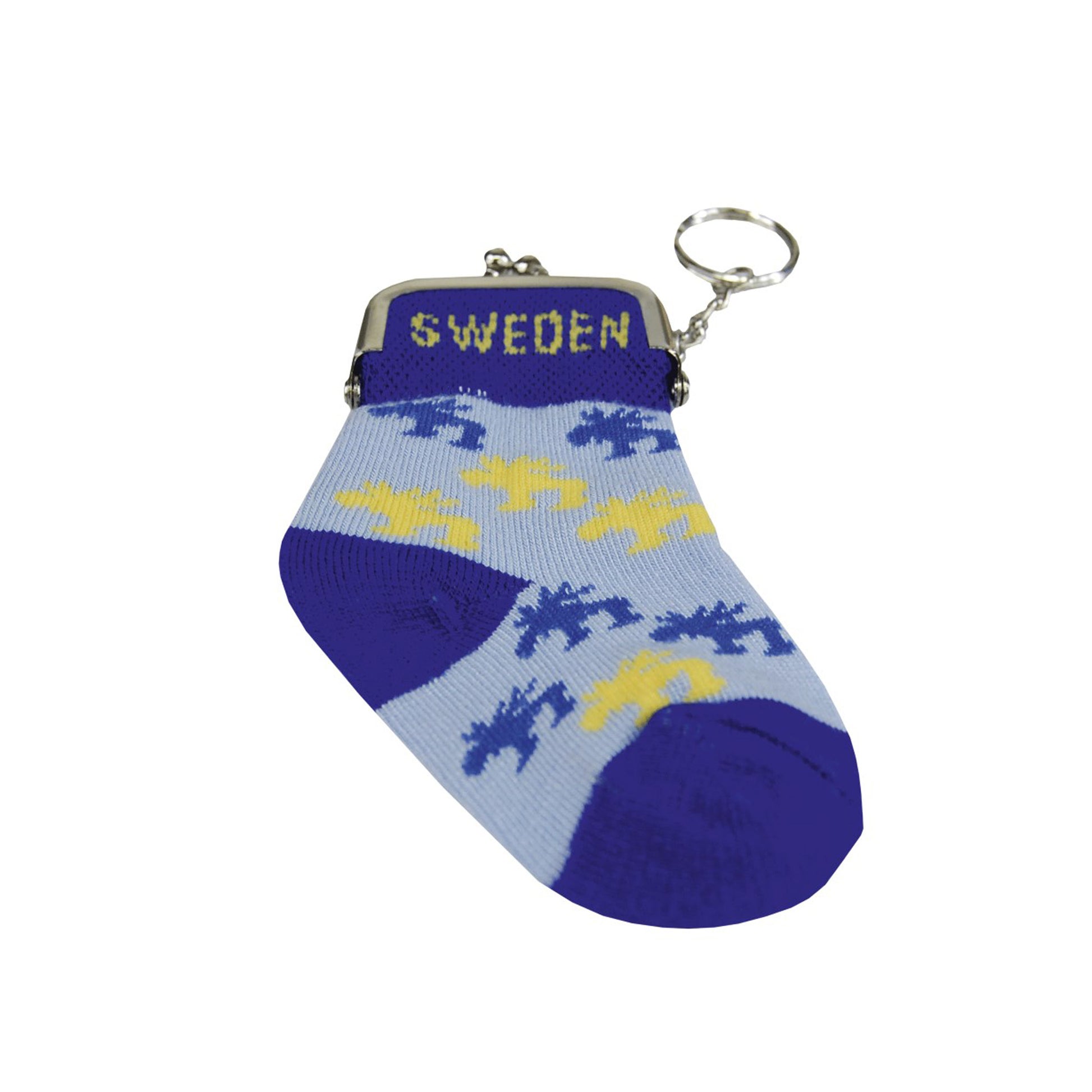 Nyckelringsbörs i tyg formad som en strumpa, med flera älgar och texten "Sweden". Praktisk och dekorativ med omtyckt design och kvalitet.