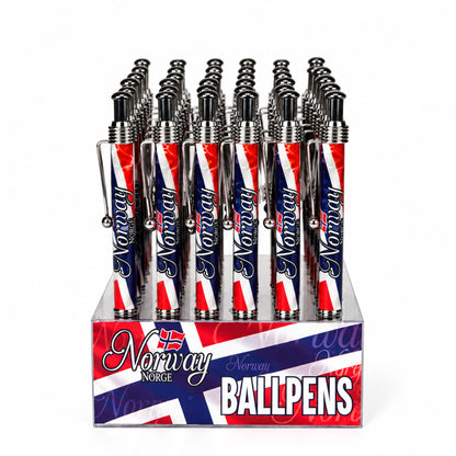 Display med bläckpennor med norsk flagga. 