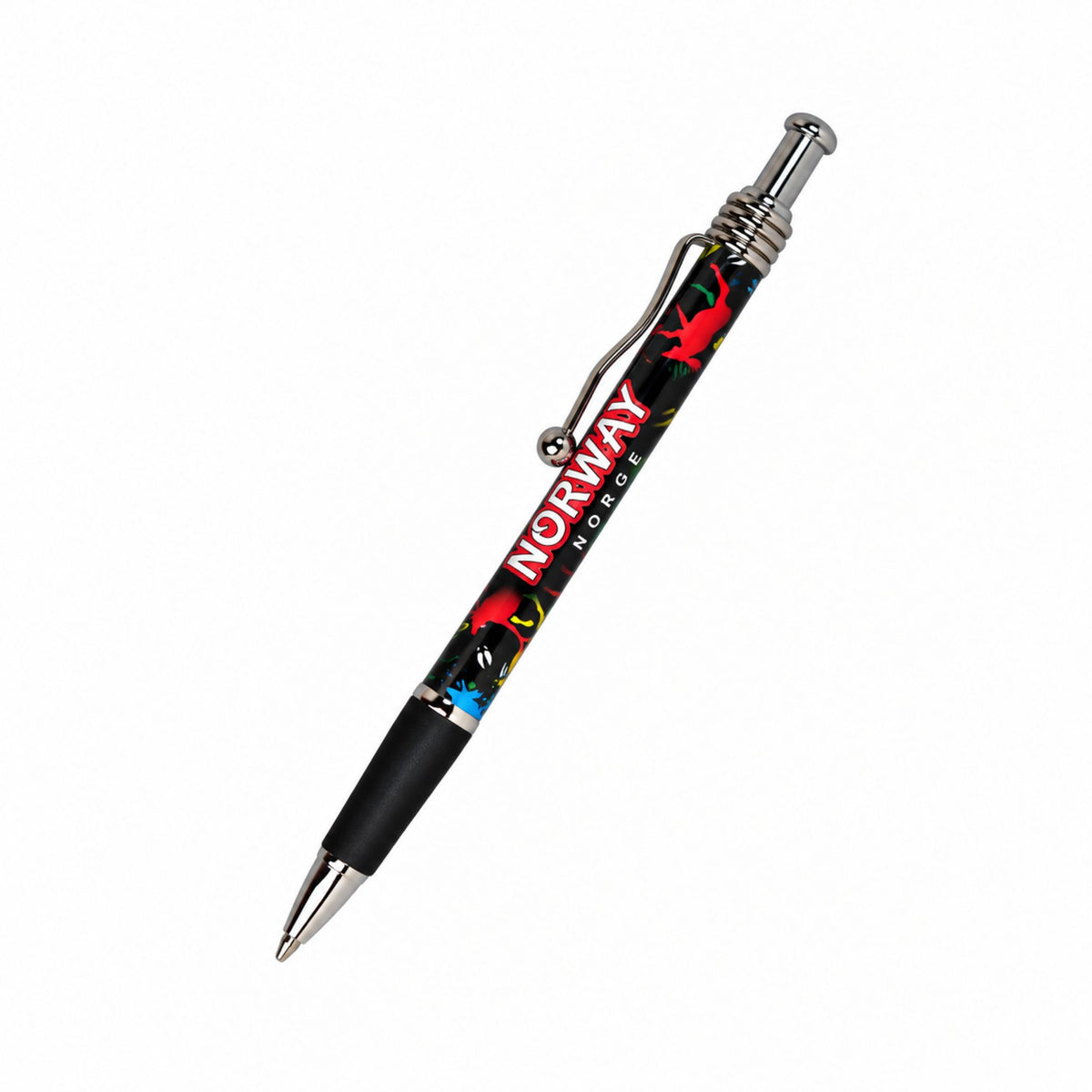 Bläckpenna med svart bakgrund med många färgglada älgar och texten "Norway Norge".