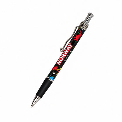 Bläckpenna med svart bakgrund med många färgglada älgar och texten "Norway Norge".