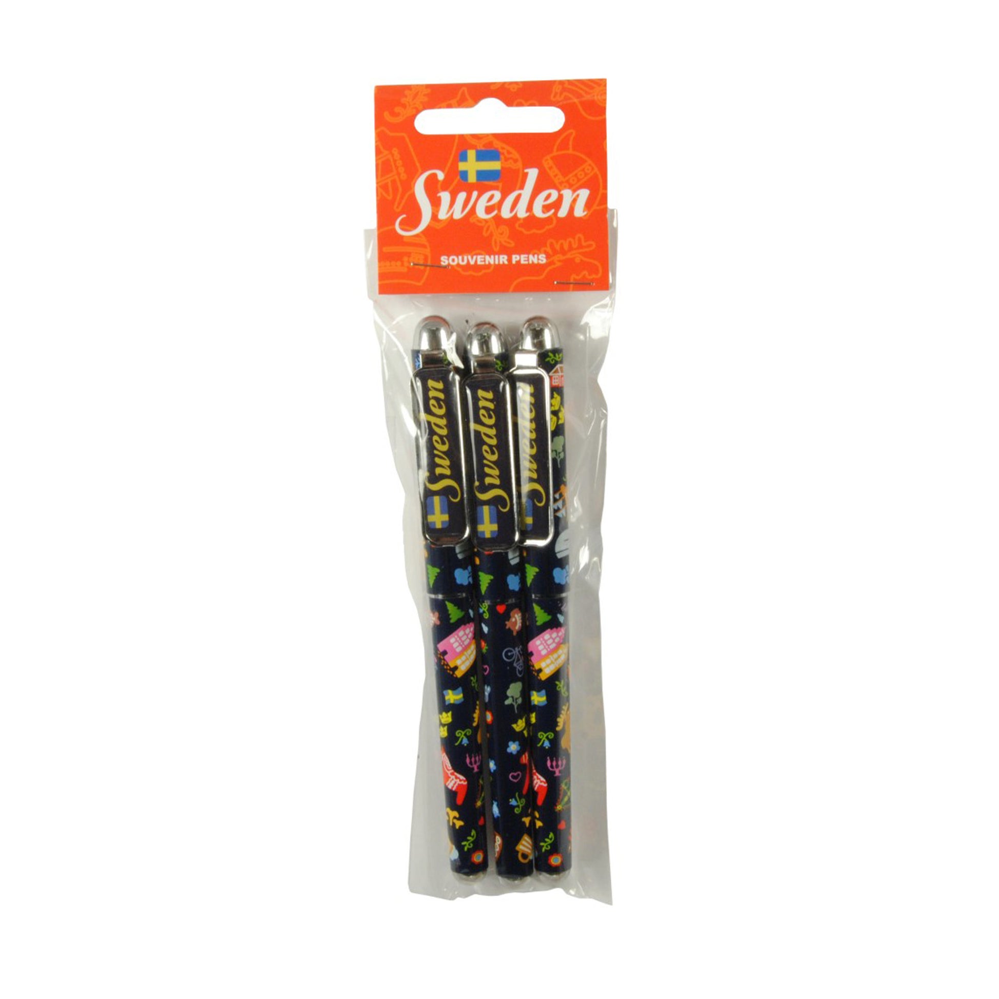 Tre mörkblå pennor med svenska motiv och texten "Sweden".

