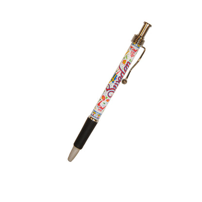Penna med motiv av färgglada Dalahästar och texten Sweden. 