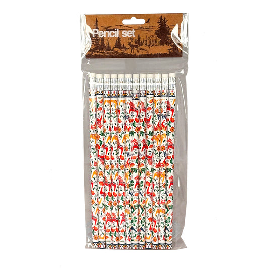 Pennset med 12 stycken pennor, designade med dalahästmotiv – perfekt som souvenir eller present.








