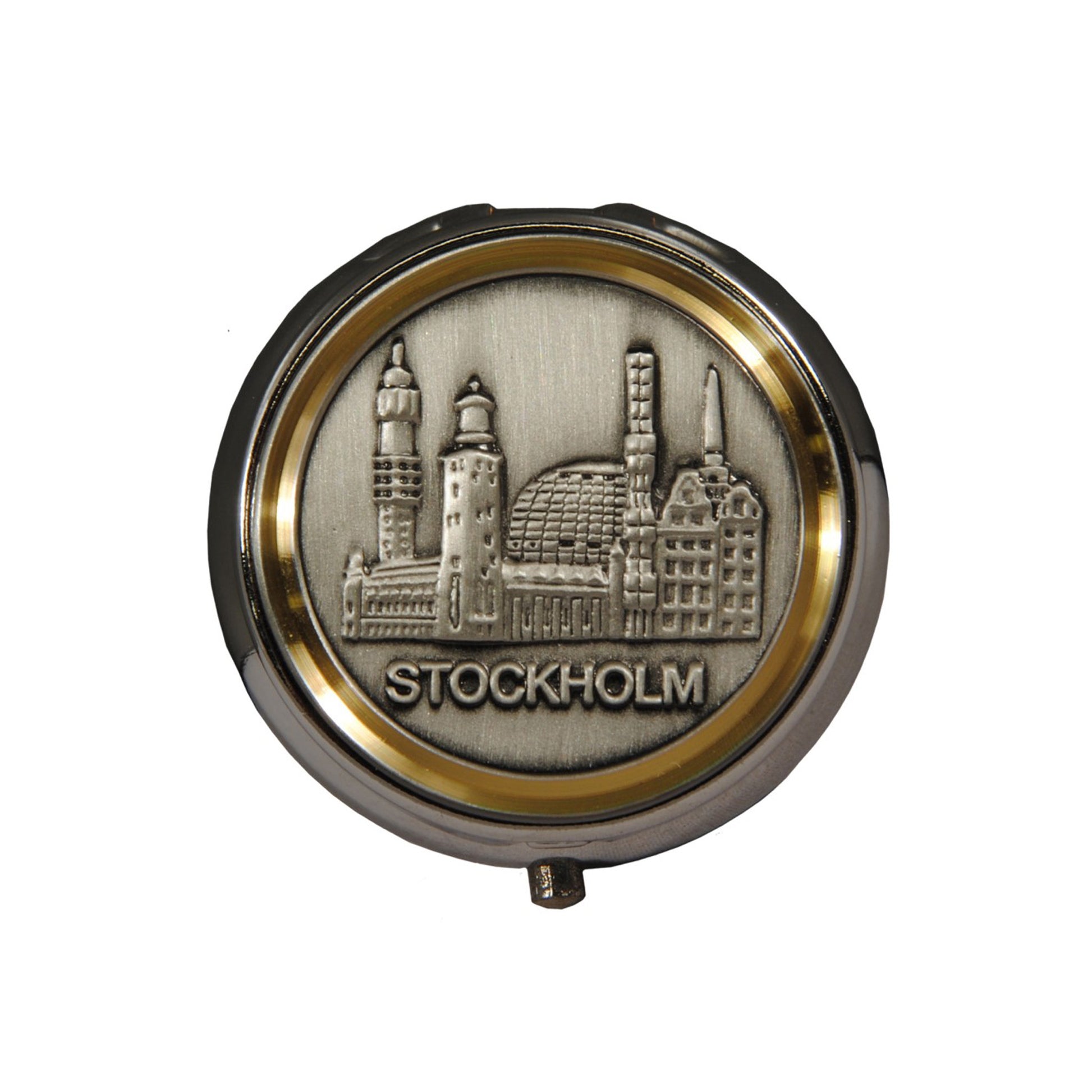 Pillerdosa i metall med motiv av Stockholms skyline. Innerdel i plast för enkel rengöring.