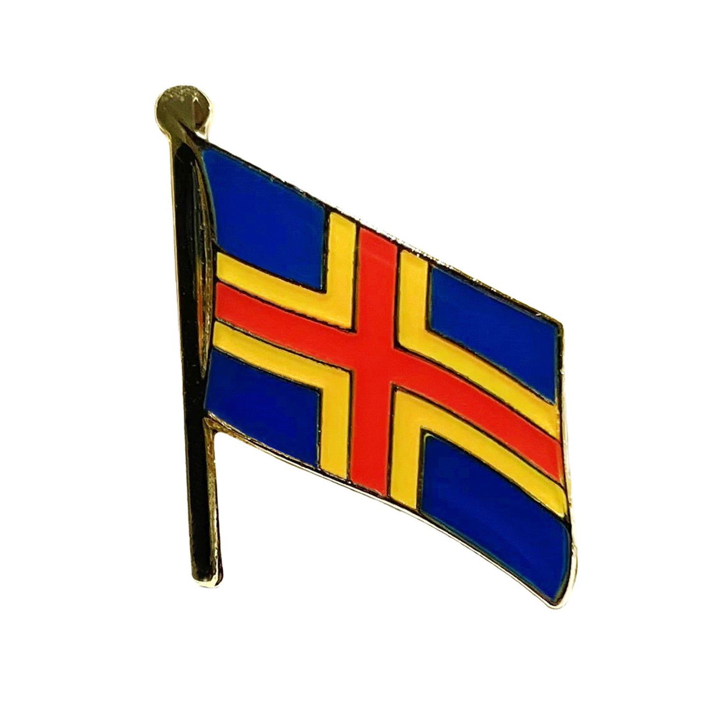 Souvenirpin med Ålands flagga och guldfärgade detaljer – stilren brosch som passar utmärkt på kavaj, väska eller keps.
