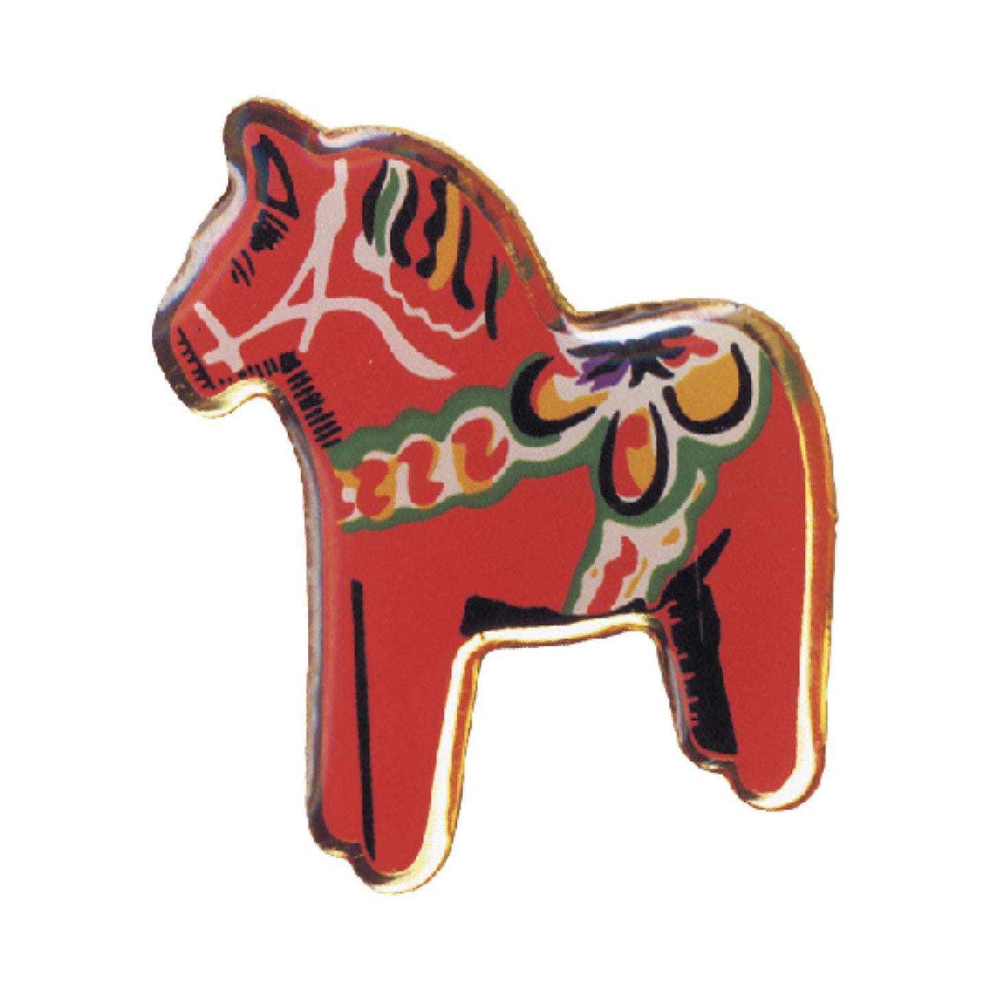 Souvenirpin med motiv av röd dalahäst – tillverkad med screen print och täckt med epoxy för glansig yta och fina detaljer.