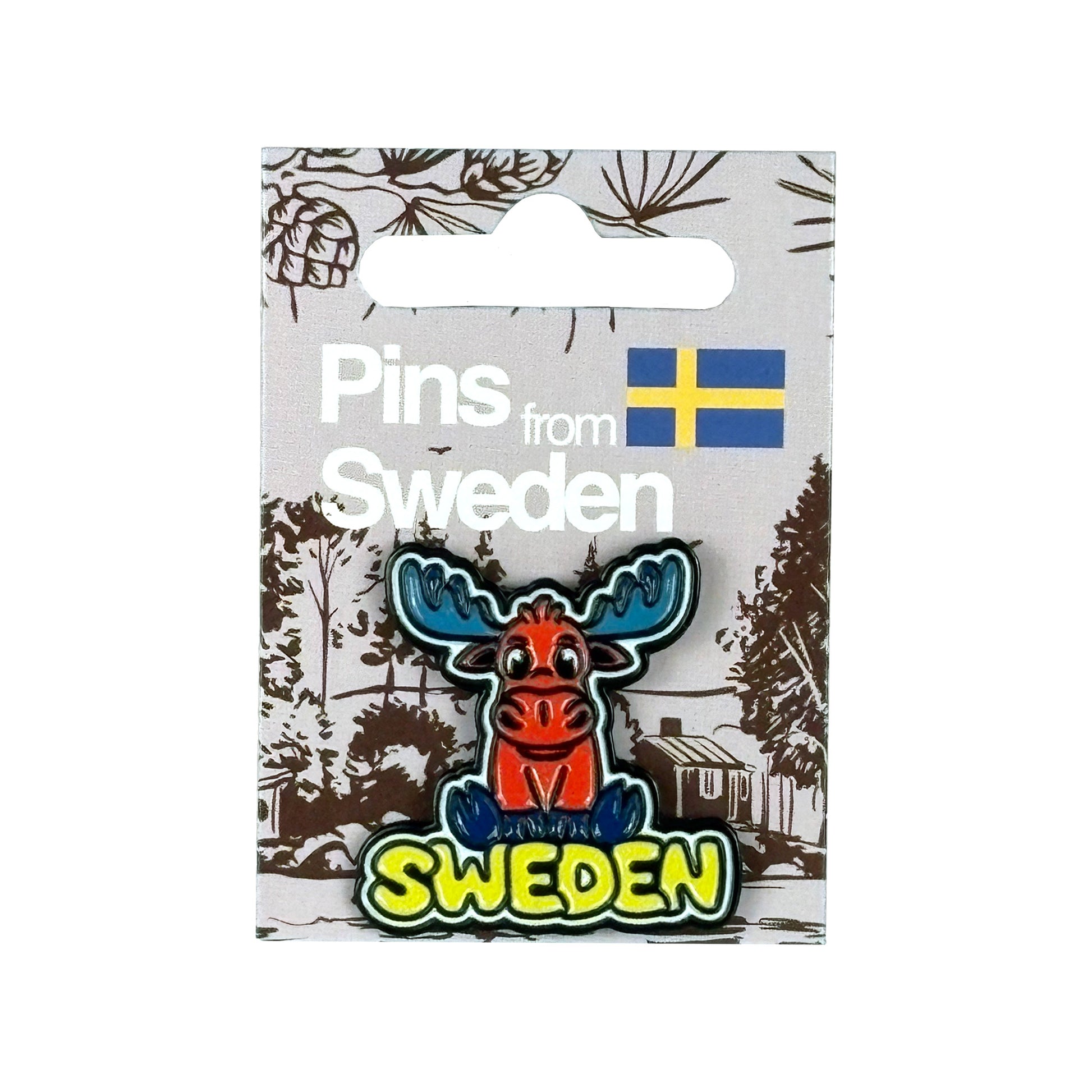 Färgglad pin med en älg med blå horn och texten "Sweden", placerad på sin förpackning – perfekt som souvenir eller present.
