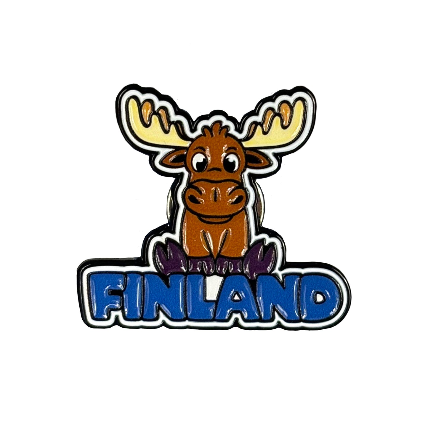 Pin med motiv tecknad älg med texten "Finland" – charmig souvenirpin.