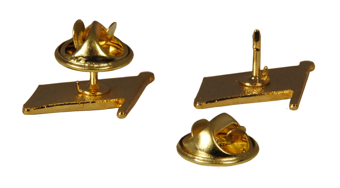 Bakstycket av pinsen i guld som visar hur den fästs. 