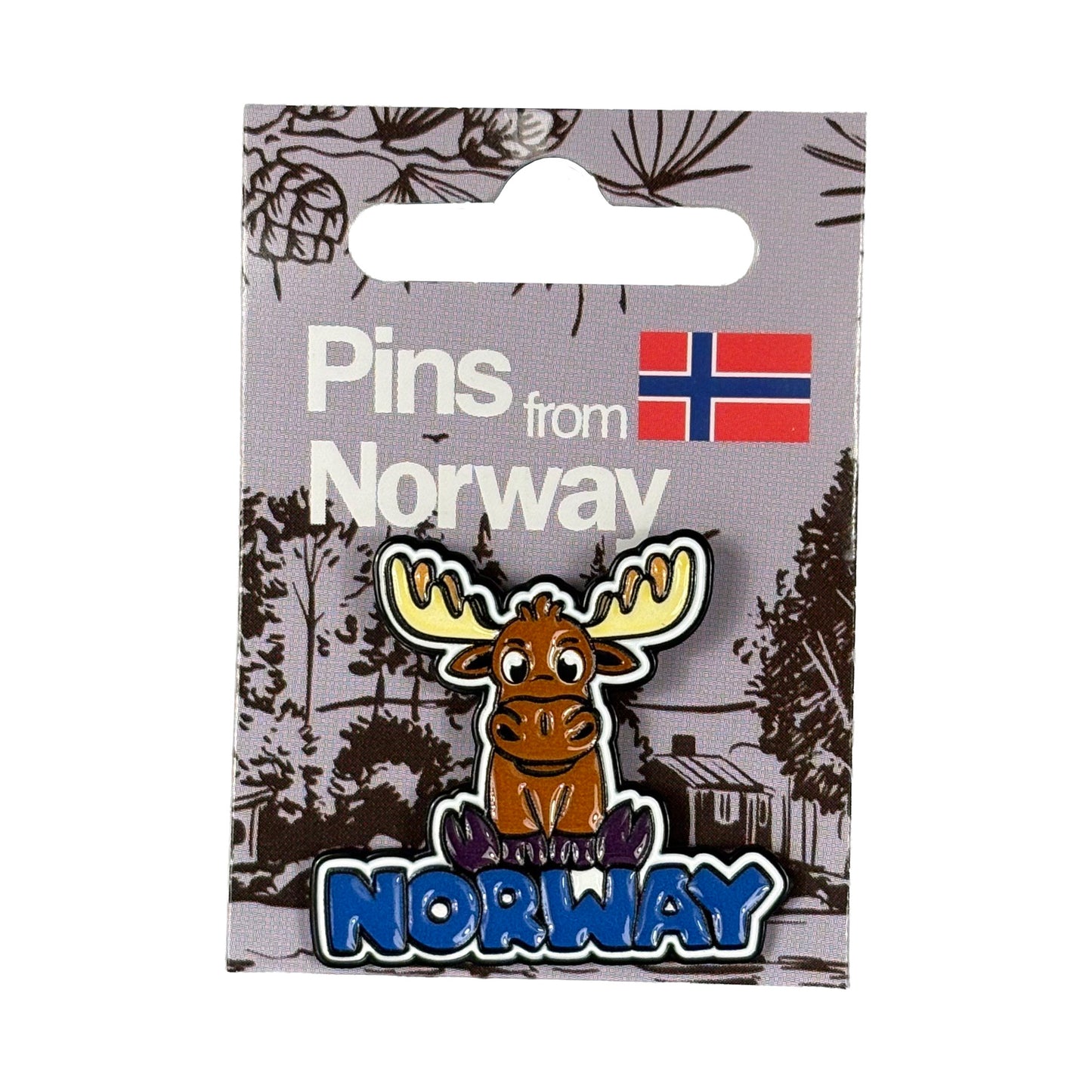Pin med älgmotiv, fäst på hängetikett för butiksexponering.