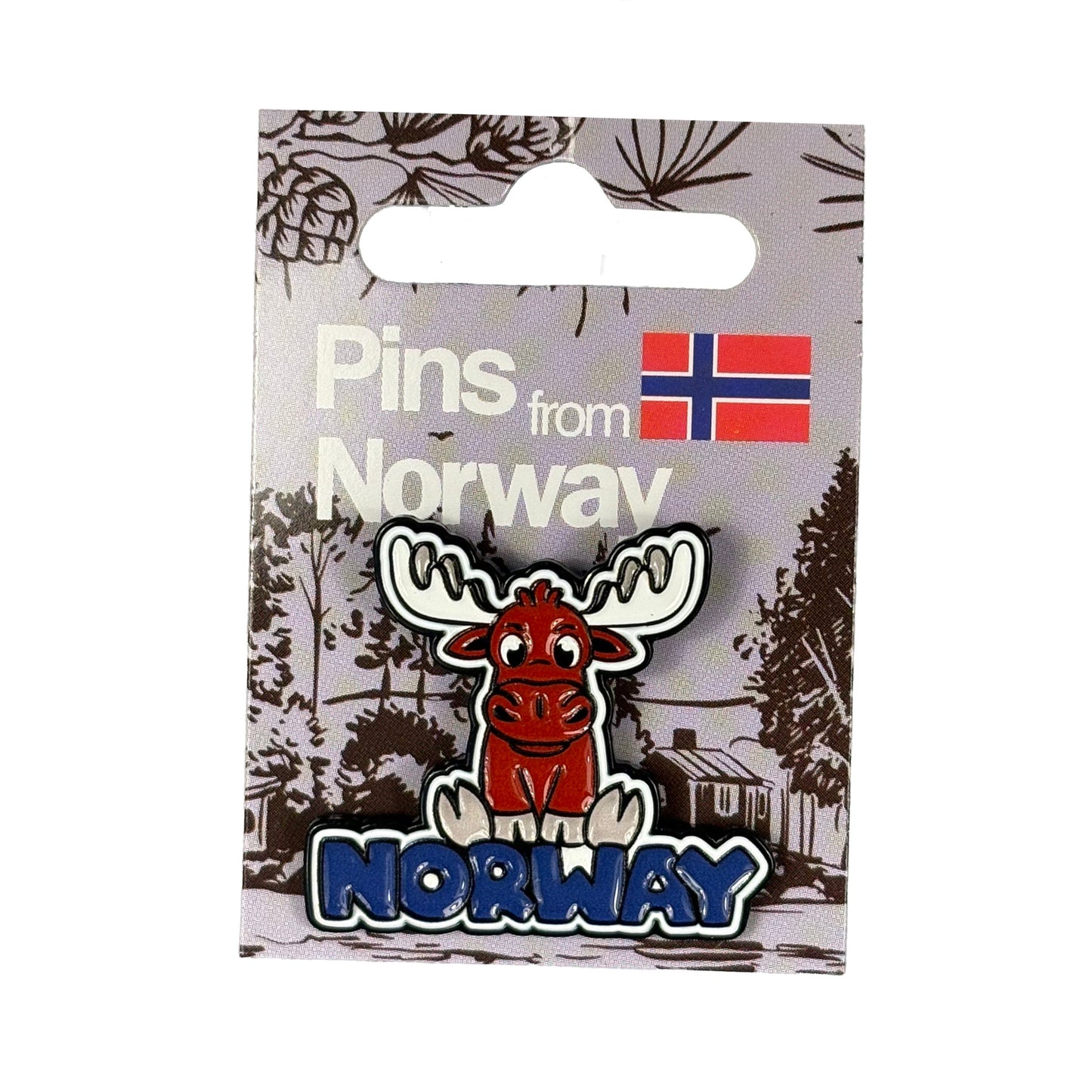 Pin med röd älg, fäst på hängetikett – redo för butiksexponering.