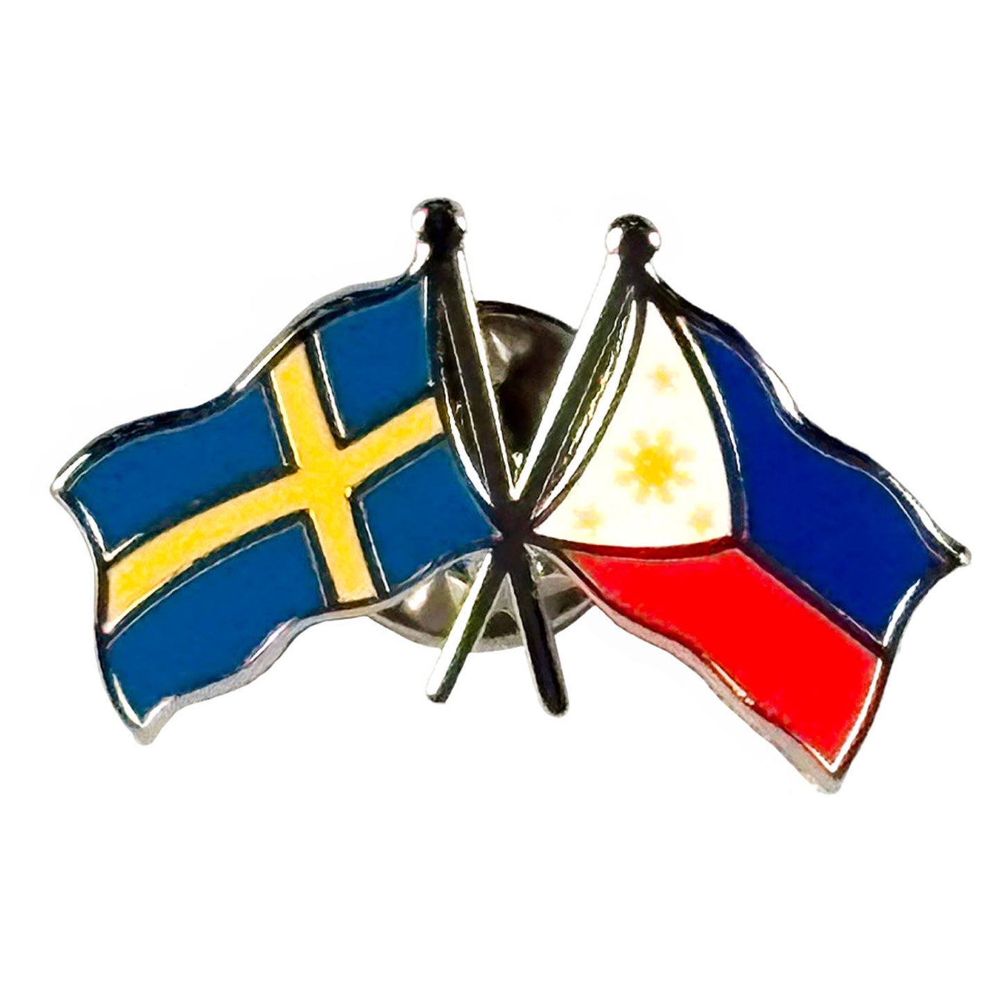 Vänskapspins med korslagda flaggor för Sverige och Filippinerna, tillverkad i emalj med hög kvalitet på färg och material. Låsdetaljer visas separat.