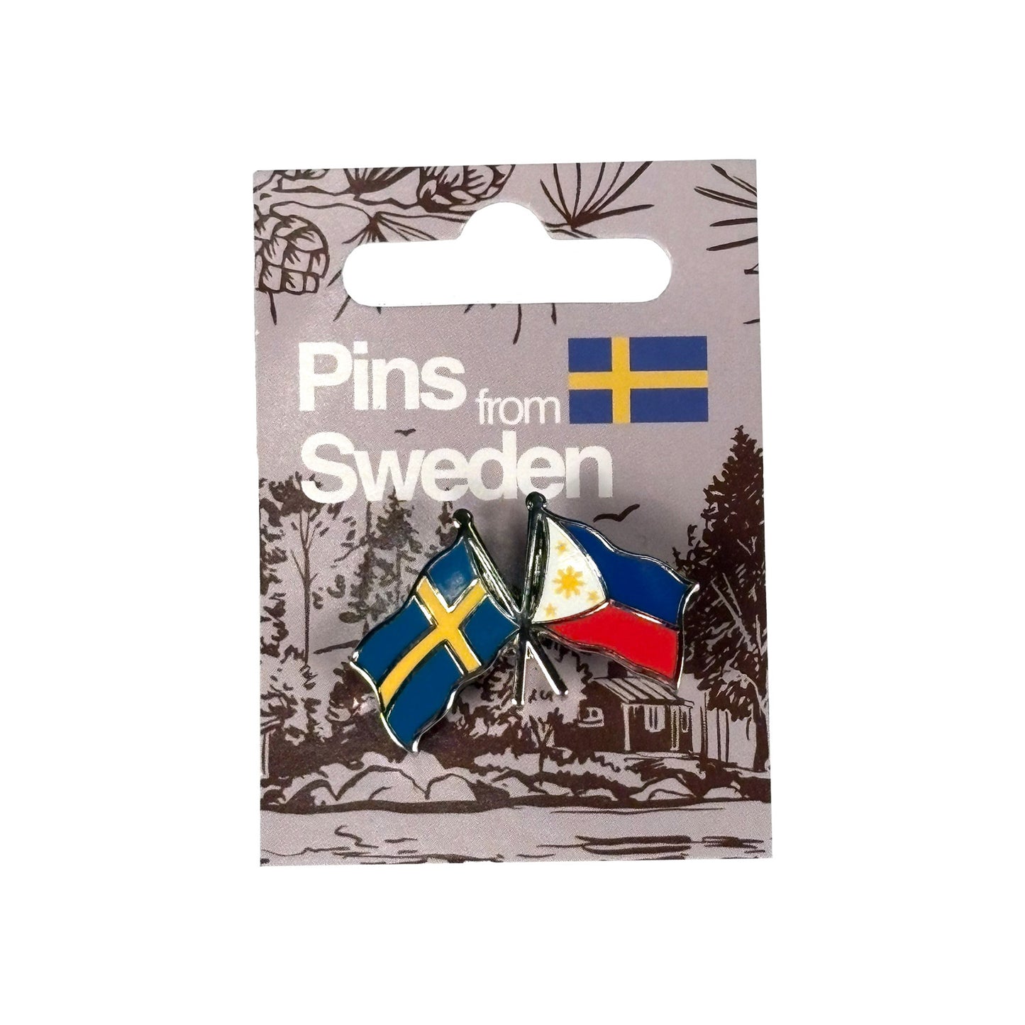 Vänskapspins med korslagda flaggor för Sverige och Filippinerna visas här i sin förpackning.
