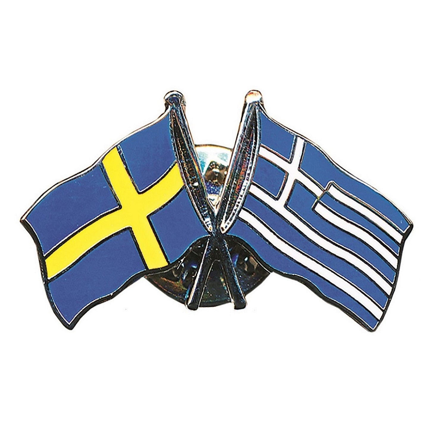 Dubbel pin med korslagda flaggor för Sverige och Grekland, tillverkad i emalj med hög kvalitet och starka färger – en elegant och symbolisk souvenir.