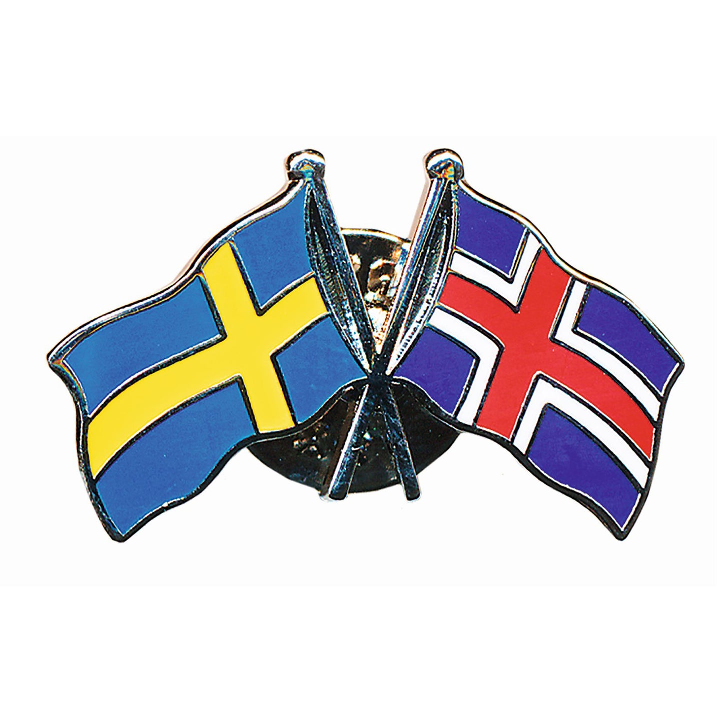 Dubbel pin med korslagda flaggor för Sverige och Island, tillverkad i emalj för hög kvalitet och fin färgåtergivning – en stilfull souvenir.