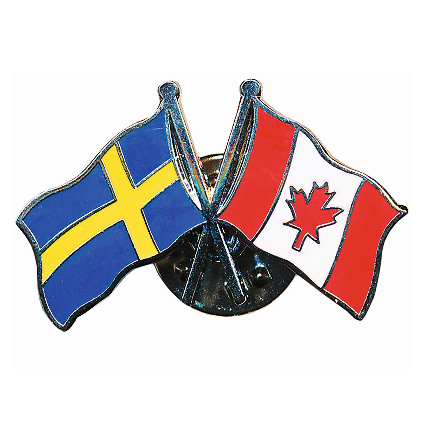 Dubbel pin med korslagda flaggor för Sverige och Kanada, tillverkad i emalj med hög kvalitet och klara färger – en fin och symbolisk souvenir.