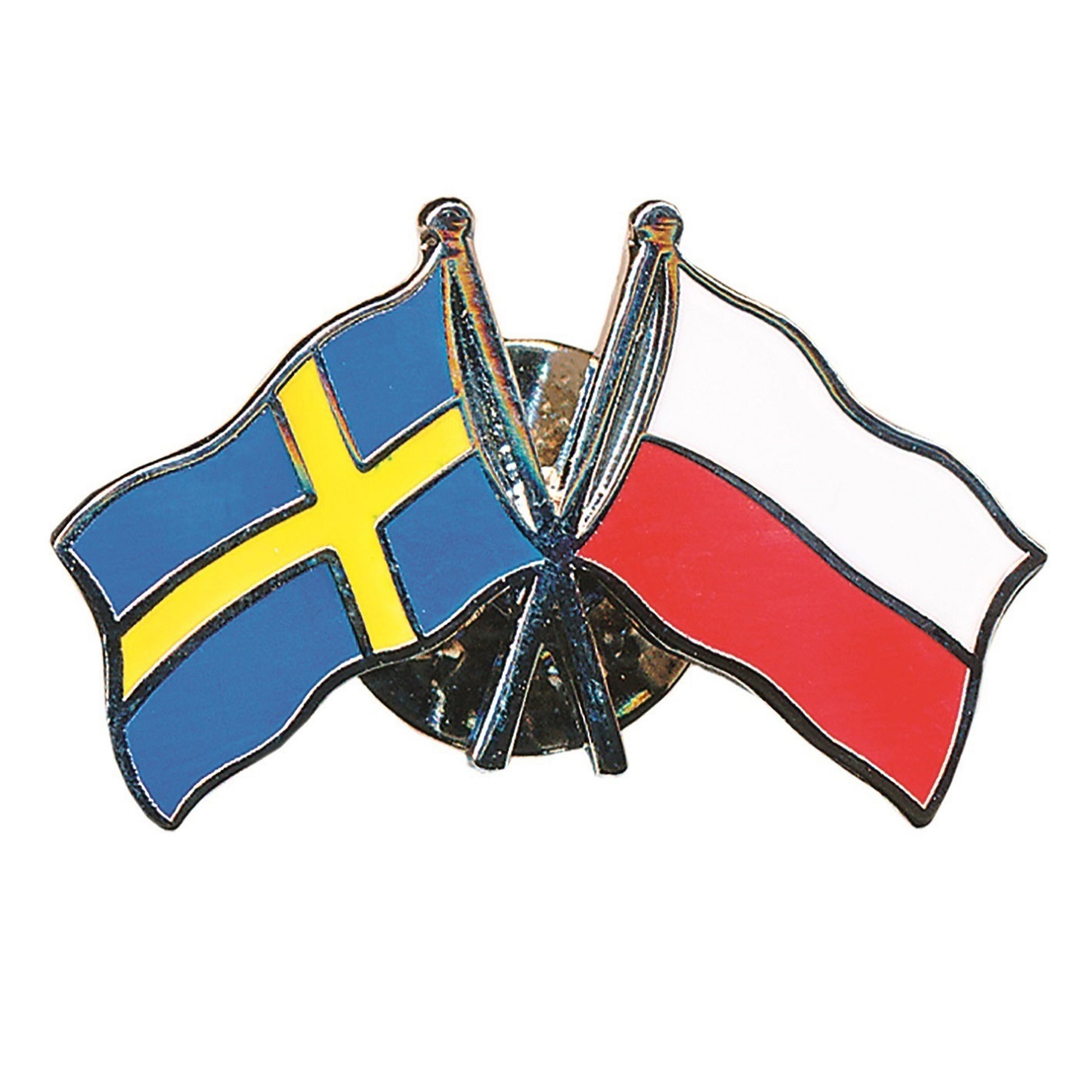 Dubbel pin med korslagda flaggor för Sverige och Polen, tillverkad i emalj med hög kvalitet och klara färger – en snygg och symbolisk souvenir.