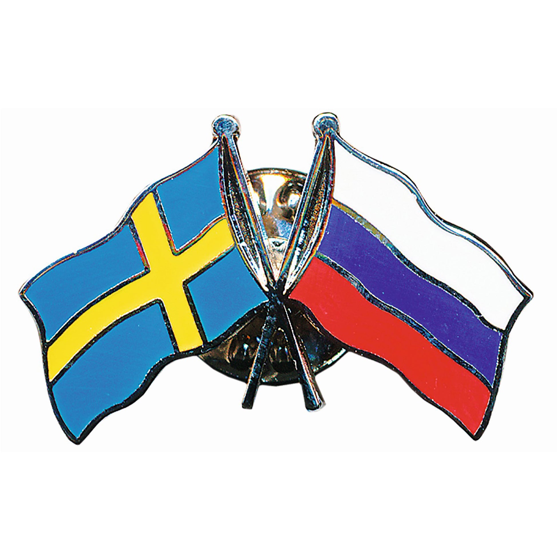 Dubbel pin med korslagda flaggor för Sverige och Ryssland, tillverkad i emalj med hög kvalitet och tydliga färger – en symbolisk och välgjord souvenir.