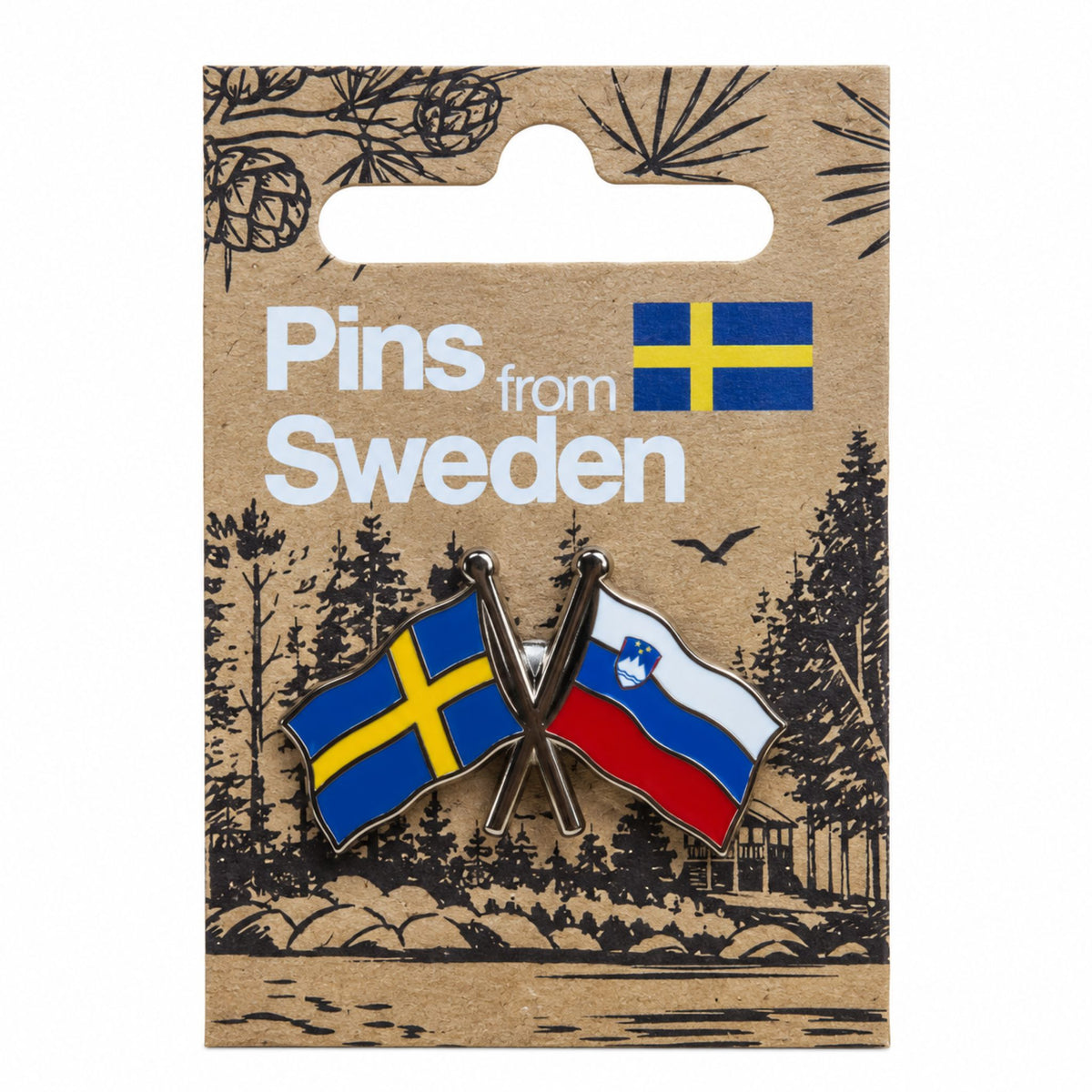 Dubbel pin med svenska och slovenska flaggor på hängetikett med texten ”Pins from Sweden".