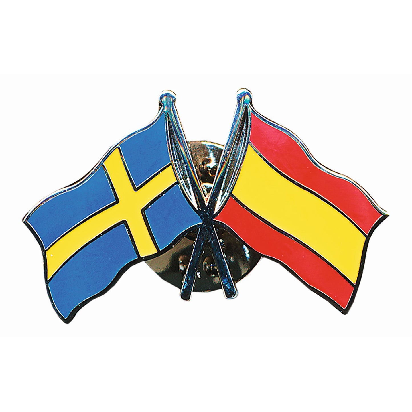 Dubbel pin med korslagda flaggor för Sverige och Spanien, tillverkad i emalj med hög kvalitet och tydliga färger – en fin och symbolisk souvenir.