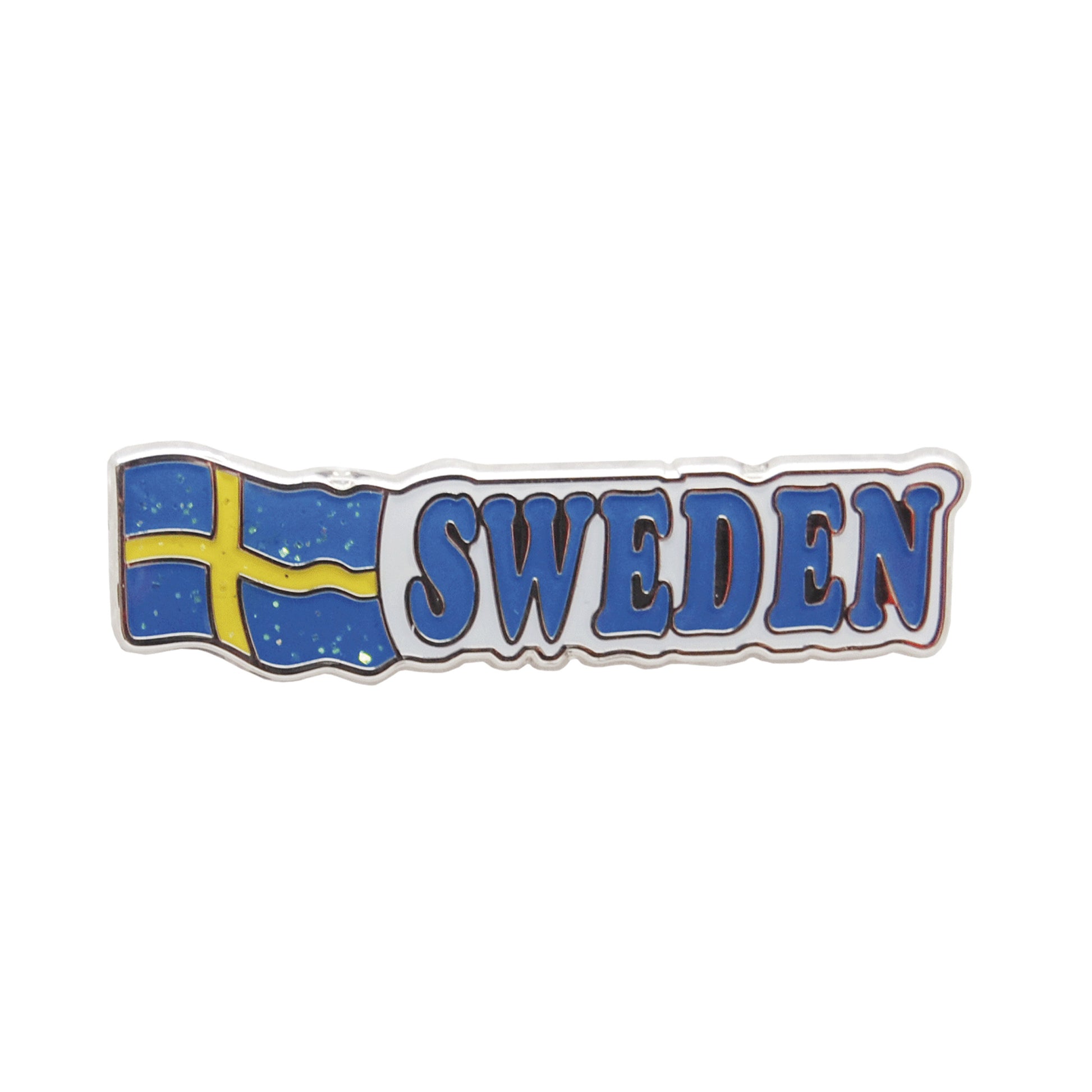 Souvenirpin med glittrande svensk flagga och texten Sweden – tillverkad med silk print och epoxy för klara färger och glansig yta.