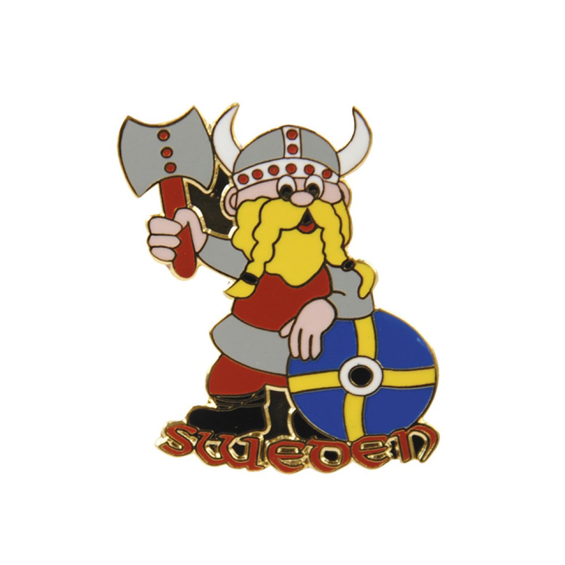 Emaljpin med vikingamotiv – stående viking med hjälm och yxa samt texten Sweden. Färgstark souvenirpin med hög detaljkvalité.