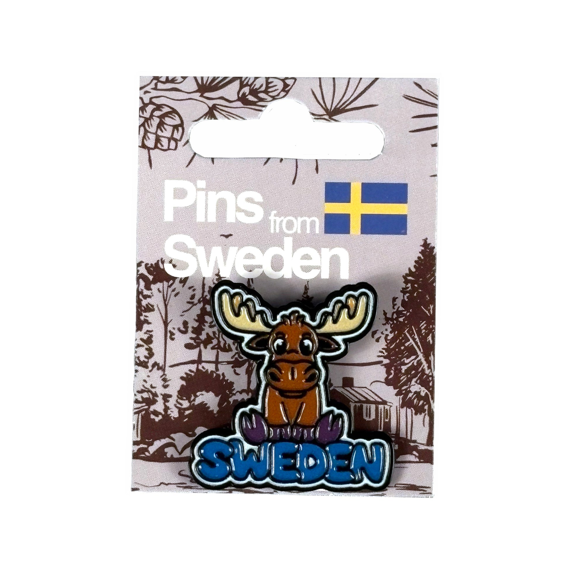 Färgglad pin med en älg och texten "Sweden", placerad på sin förpackning – perfekt som souvenir eller present.