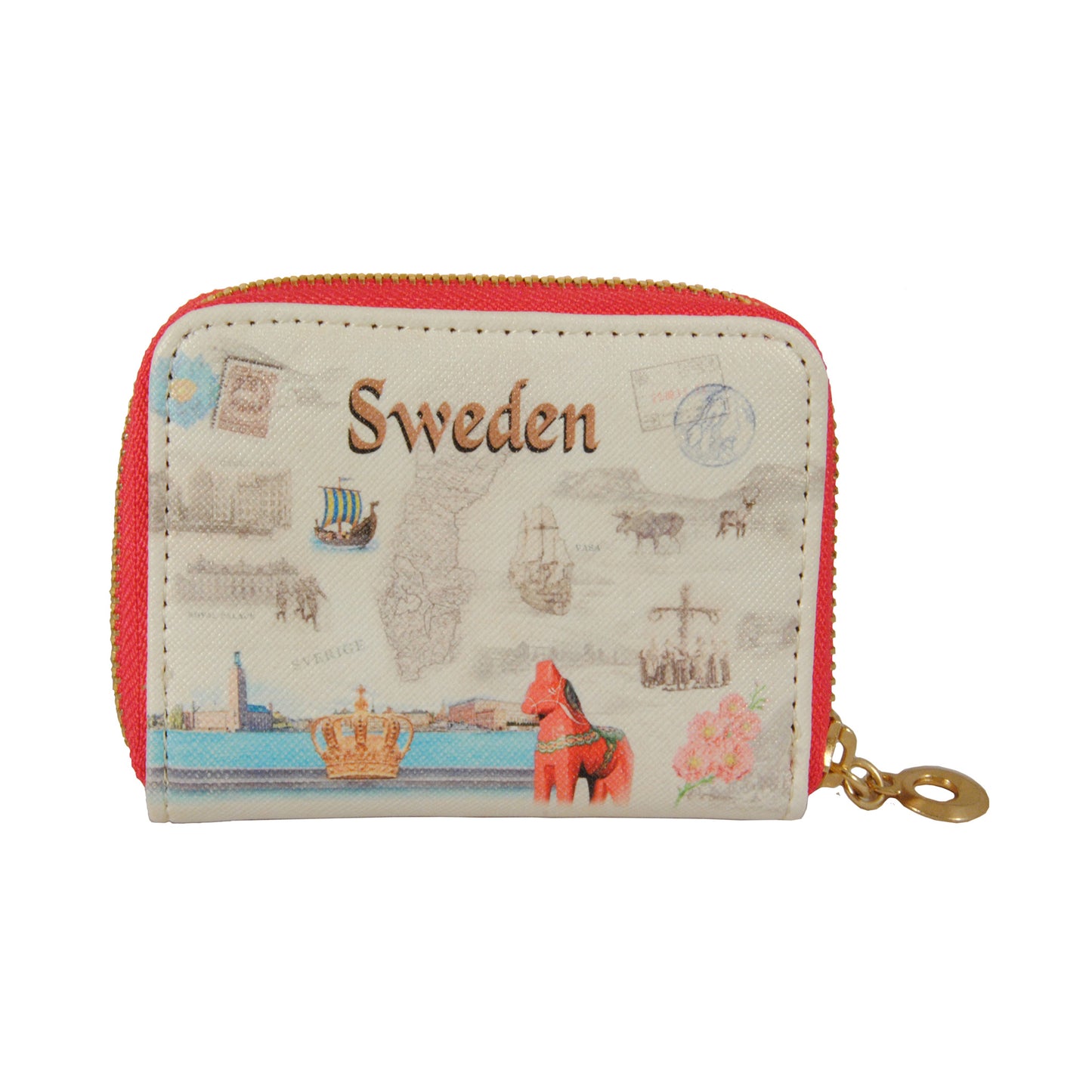 Plånbok med dragkedja och motiv av Sverigekarta, dekorerad med typiskt svenska symboler som vikingaskepp, midsommarstång och dalahäst.