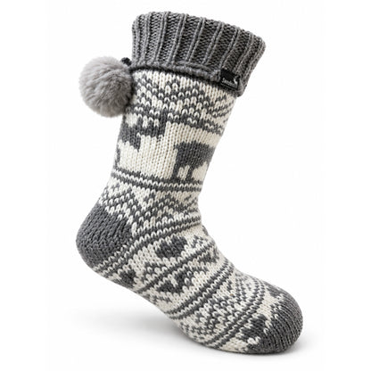 Vit stickad varmsocka med grått älgmönster, grå tå och häl, halkskydd och små grå pom poms upptill – storlek 36–40. En varm socka av hög kvalitet.