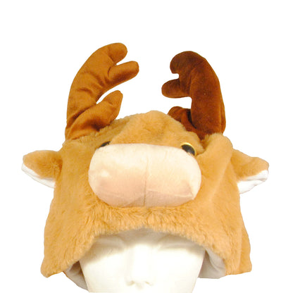 Närbild på den lekfulla mössan som föreställer ett älghuvud med mule, öron och horn.