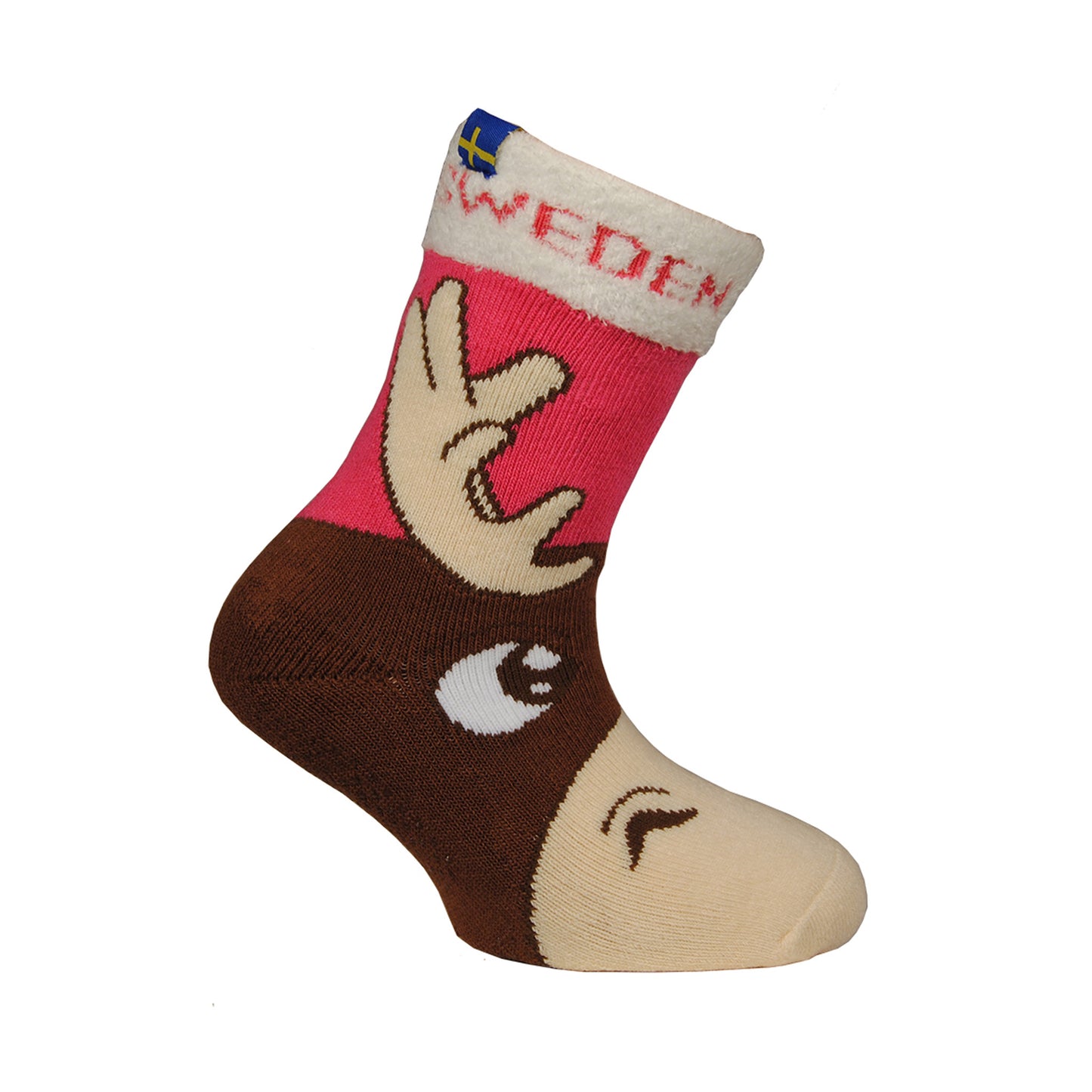Rosa barnsocka med stort älghuvud som täcker nästan hela sockan. Mulen börjar vid tårna - sedd från sidan.