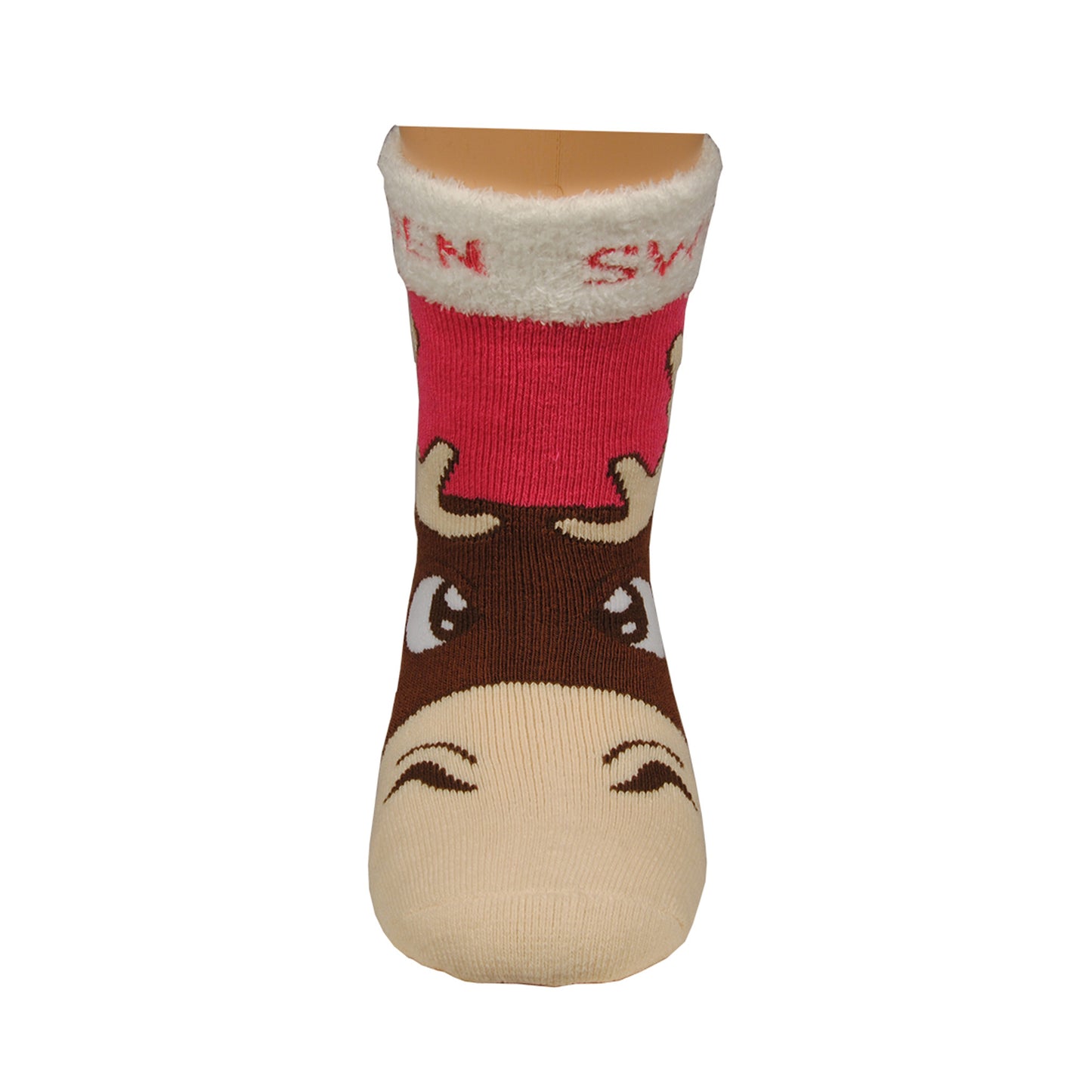 Rosa barnsocka med stort älghuvud som täcker nästan hela sockan. Mulen börjar vid tårna - sedd framifrån. 