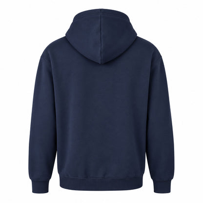 Mörkblå hoodie med ett tidlöst guldfärgat motiv inspirerat av svensk historia - sedd bakifrån. 