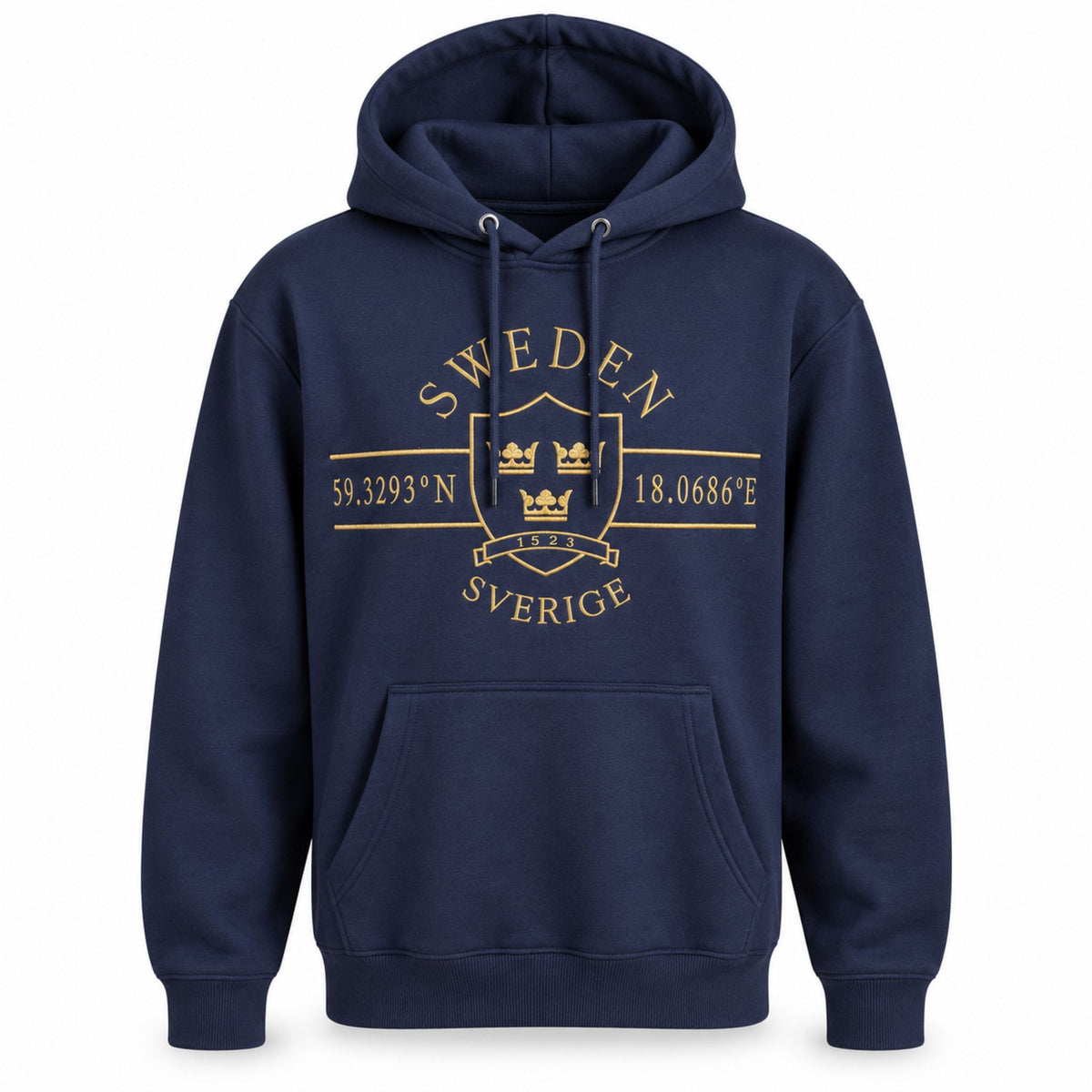 Mörkblå hoodie med ett tidlöst guldfärgat motiv inspirerat av svensk historia.
