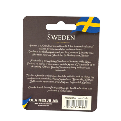 Baksidan av magnetens grå hängetikett med text om Sverige.