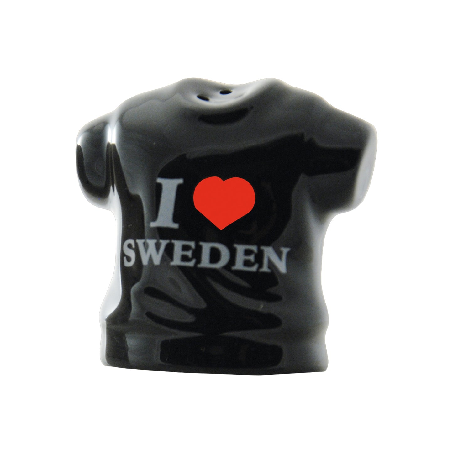 Svart t-shirtformad del av salt- och pepparset med texten 'I Love Sweden', 6 cm.